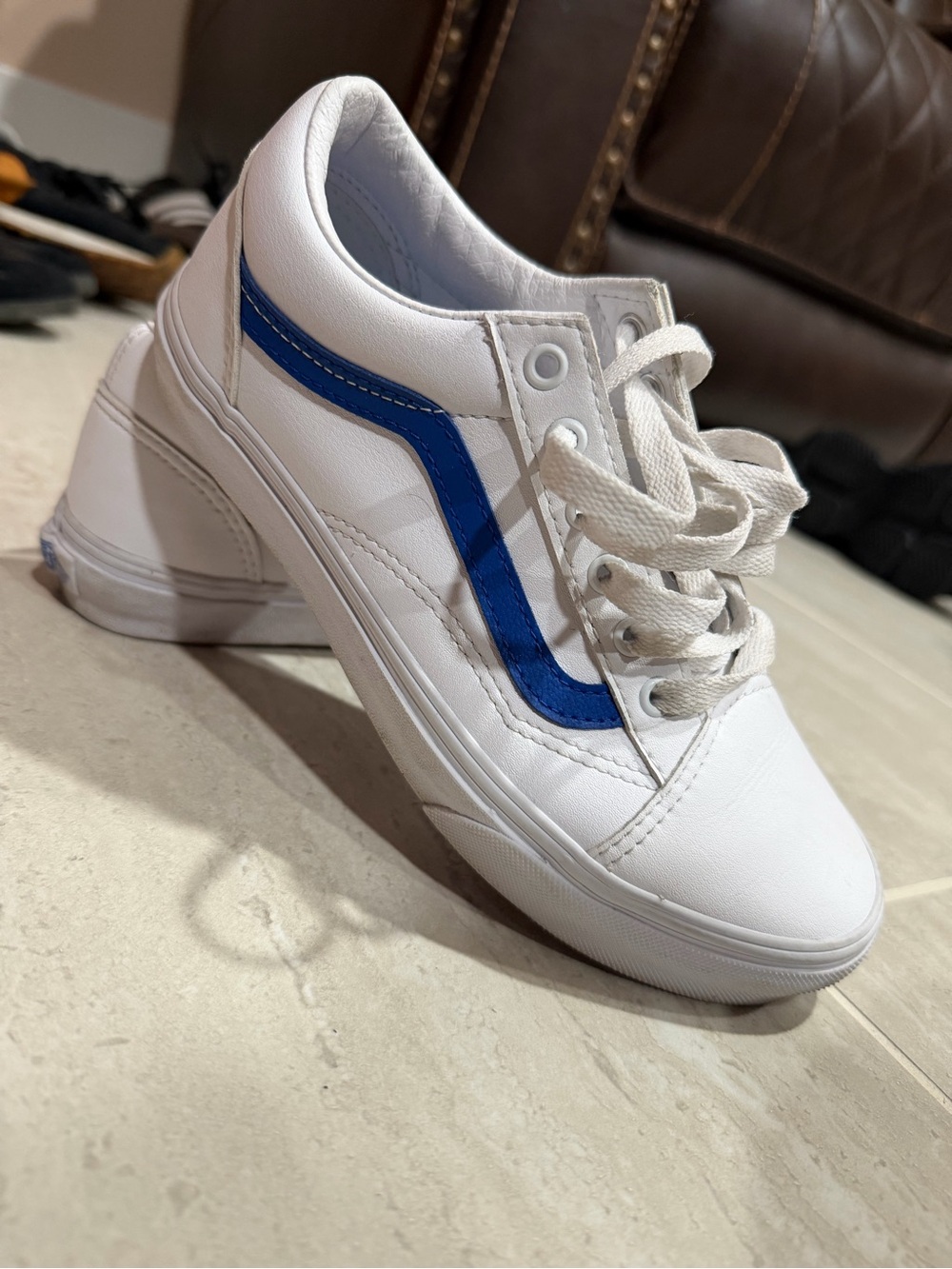 Vans Kids White Sneakers with Blue Side Wave